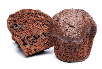 Whole and cut in half chocolate muffin isolated on white background. Chocolate chip muffin.