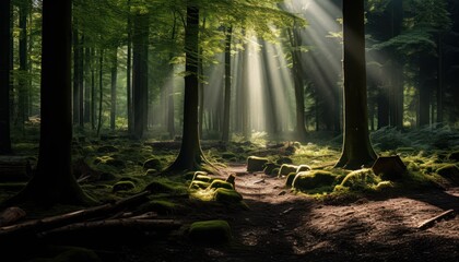 Photo of a Serene Forest Path Bathed in Golden Sunlight
