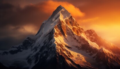 Photo of a Majestic Snow-Covered Mountain Piercing the Clouds