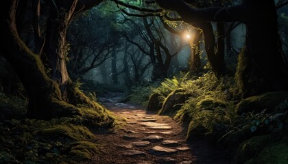 Photo of a Serene Forest Path Leading to a Glowing Light at the End