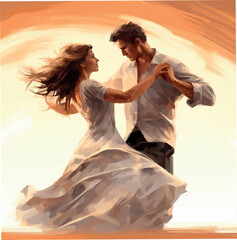 Illustration painting of dancing romantic couple 