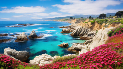 Monterey Bay, California, with flowers and rocky shore.
