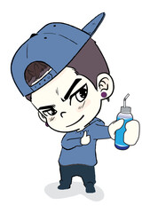 Child In a coat and cap Present the drink in the left hand.
