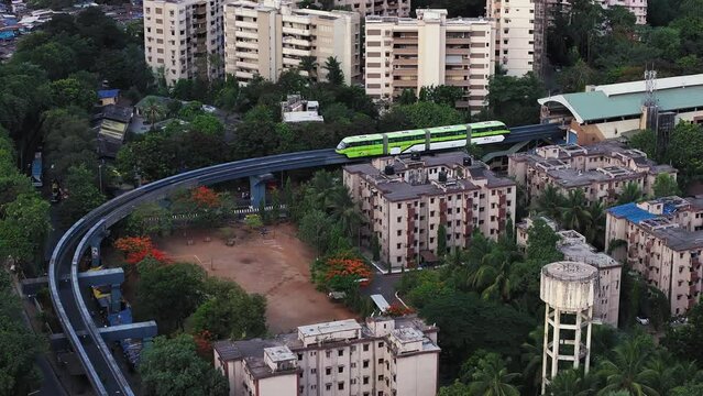 Modern City high-rise skyscraper buildings. Weather in Mumbai city, Maharashtra. Aerial view of Mumbai Mono Rail, Daytime Mumbai City, India