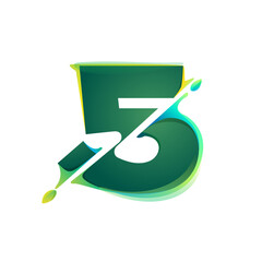 5 logo. Number five eco logo with green leaves and diagonal distortion, color shift effect. Eco-friendly vector. Lush foliage emblem. Perfect for nature banner, healthy labels, waste recycling icon.