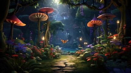 Luminous forest path with oversized mushrooms and glowing lights. Enchanted woodland ambiance. - obrazy, fototapety, plakaty