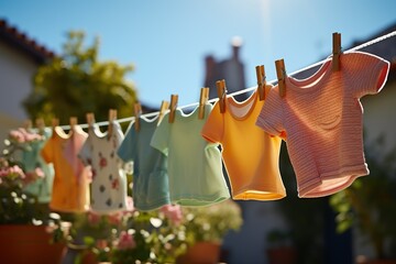 Baby clothes drying on washing line - obrazy, fototapety, plakaty