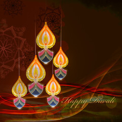 Happy Diwali greetings Artwork in various bright colours and diya lamp in shaded background