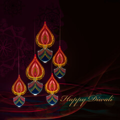Happy Diwali greetings Artwork in various bright colours and diya lamp in shaded background