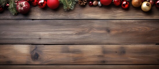 Naklejka premium Christmas decorations are displayed on a wooden table with hands resting upon it