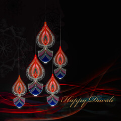 Happy Diwali greetings Artwork in various bright colours and diya lamp in shaded background