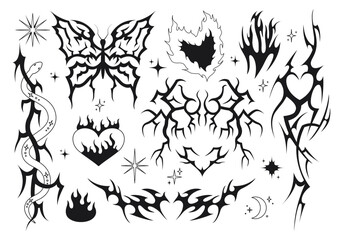 Set of y2k gothic shapes and black tattoo. Abstract fire, heart, butterfly, snake silhouettes. Cyberpunk tribal stamps. 2000s vector design