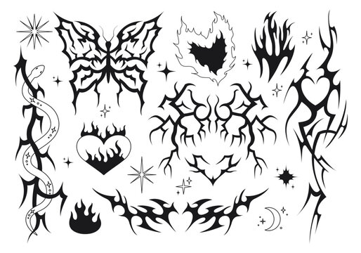 Set of y2k gothic shapes and black tattoo. Abstract fire, heart, butterfly, snake silhouettes. Cyberpunk tribal stamps. 2000s vector design