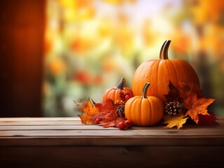Orange pumpkin, autumn leaves and berries on wooden table with blurred background. Autumn concept