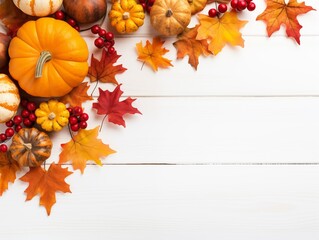 Top view of pumpkin, autumn leaves, berries on white wooden bacground. Festive thanksgiving concept