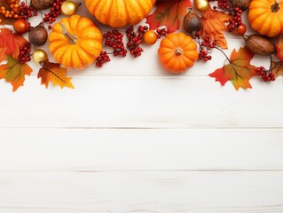 Pumpkin, autumn leaves, berries on white wooden bacground. Autumn and thanksgiving concept