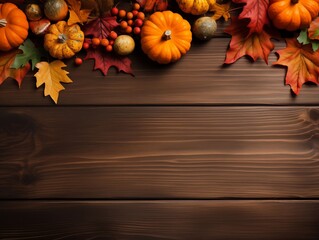 Top view of pumpkin, autumn leaves, berries on rustic wooden bacground. Festive thanksgiving concept