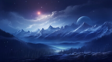 Night mountains landscape with moonlight
