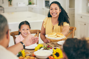 Grandparents, mother and children with food for breakfast, brunch and meal together in morning at...