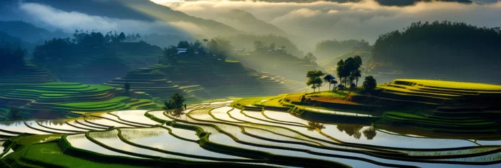 Foto op Aluminium High panoramic view of beautiful green rice paddy fields in Asia. Stunning travel background © ink drop