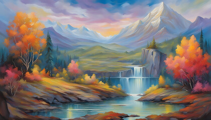 Fantasy peaceful landscape with downfall and mountains