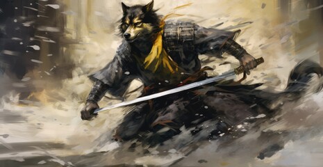a painting of a wolf holding a sword