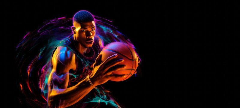 A young basketball player shooting a ball on a dark background, featuring dynamic energy flow, UHD image, and colorful curves, creating a luminous and artistic portrait.