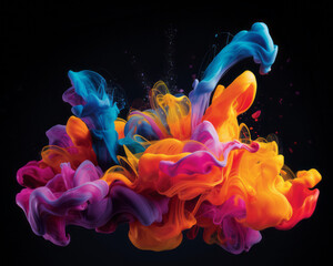 Obraz premium Color blending into a swirling liquid flow against a black background, featuring vibrant illustrations and hyper-realistic details.