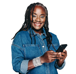Smiling mature woman with a smartphone isolated on a transparent background