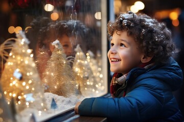Excited child looking into the window of a christmas shop with bokeh lights - obrazy, fototapety, plakaty
