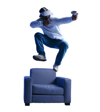 Gamer jumping mid air and shooting in a vr game while isolated on a transparent background