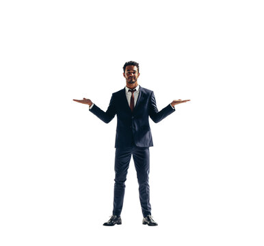 Businessman holding out two palms to weigh different options on a transparent background