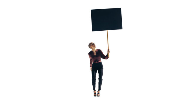 Happy businesswoman laughing and holding up a banner sign on a transparent background