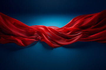 Red fabric falling with dynamic ripples, in a photorealistic style with a bold color scheme and detailed soft-focus.