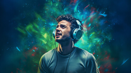 A joyful man with headphones against a colorful background, illuminated dramatically, in a photorealistic style.
