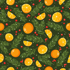 Seamless vector pattern of Christmas decorations, fir branches, oranges, holly berries, snowflakes on a green background. Decorative New Year pattern for holiday packaging, 