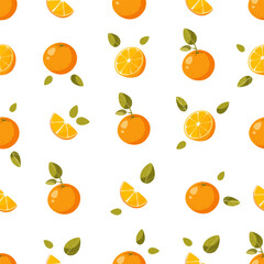 Seamless pattern, whole oranges, halves and orange slices, with green leaves on a white background. Fruit background. Ideal for textile production, wallpaper, posters, etc. Vector illustration.
