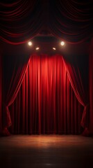 a red curtain with lights - obrazy, fototapety, plakaty