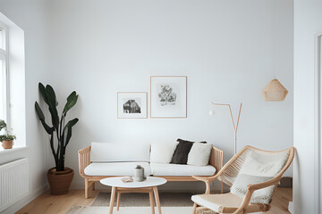 Home mockup, white room with natural wooden furniture, Scandi-Boho style in cozy neutral. Modern living room