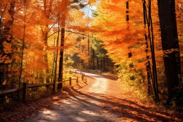 a road with orange leaves on trees