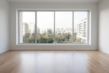 Fototapeta na wymiar Empty modern room with white walls and large windows Minimalist interior design in a luxury apartment The space is clean and contemporary by Generative AI