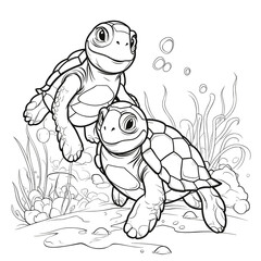 Cartoon Turtle Friends Underwater, Coloring Pages Png