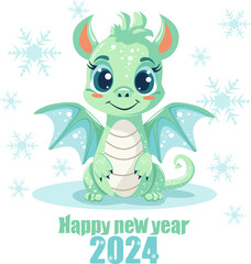 New Year 2024 symbol, cute cartoon green dragon on white Background , with snowflakes, vector illustration. Christmas card with Happy New Year 2024 inscription
