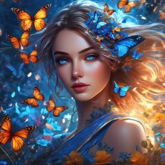 A girl in a magical forest surrounded by butterflies