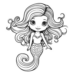 Cute Little Cartoon Mermaid Long Hair , Coloring Pages Png