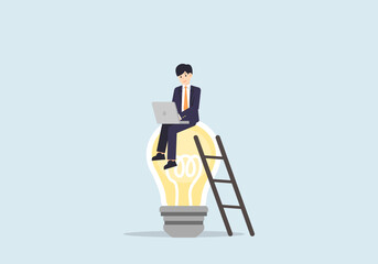 A developer with a laptop sits on an electric lamp. New idea. Business concept, vector illustration.