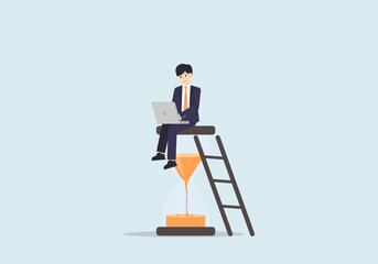 A manager with a laptop sits on the hourglass, vector illustration.