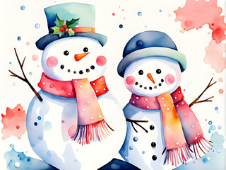Watercolor happy couple of snowmen in hats and scarf in a snowy scene background
