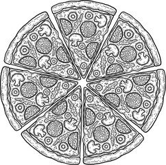 sliced round pizza illustration cartoon style black and white transparent background. Line art graphic served Italian pizza drawing