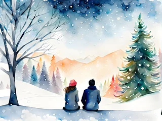 Foto op Canvas Watercolor painting of a couple sitting together from the back in forest winter landscape © khanh my